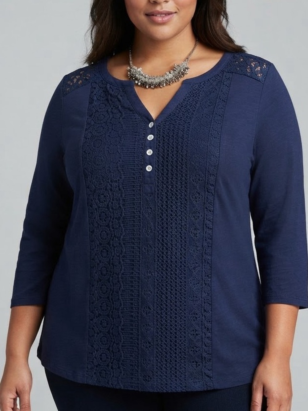 😍CLEARANCE - VERVE AMI Navy Crochet Front V Neck Long Sleeve Top LARGE